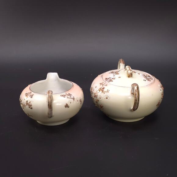 MCM Japanese Porcelain Embossed Floral Design Sugar & Creamer Set Gold Trim - Picture 4 of 11